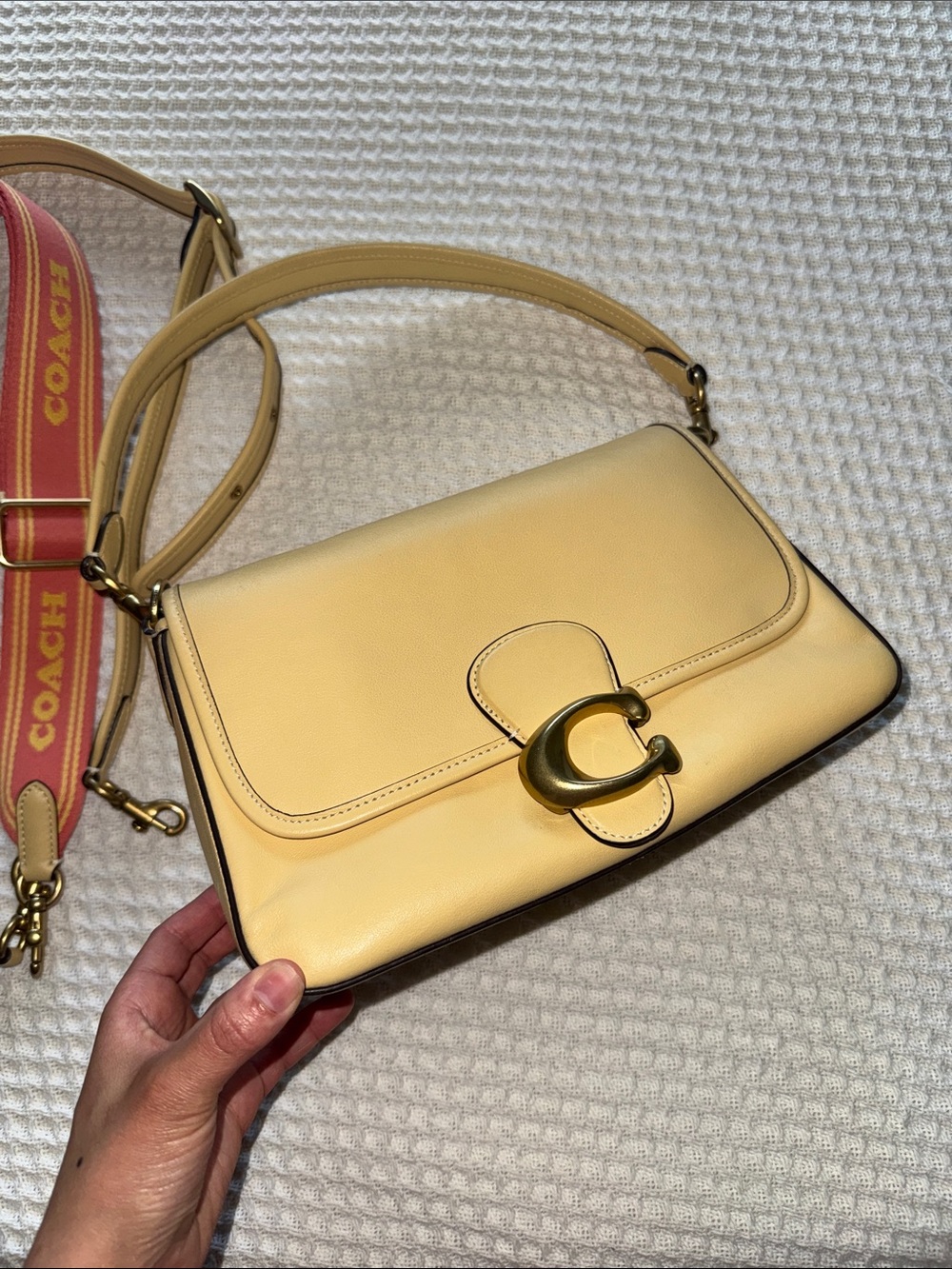 Coach Leather Shoulder Bag in Pale Yellow with Gold Hardware